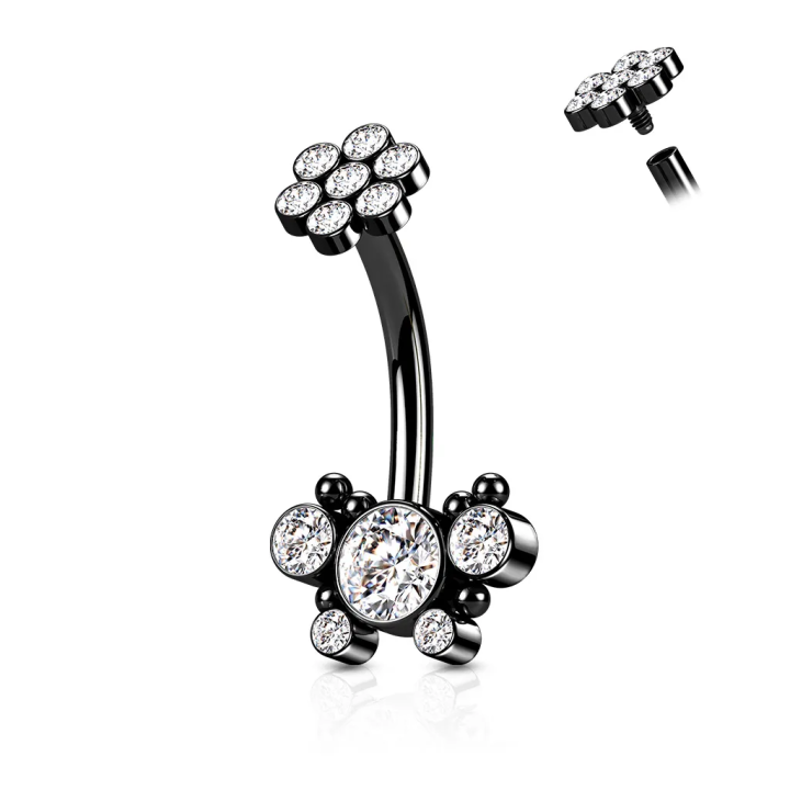 Piercing nombril papillon noir en acier chirurgical avec strass