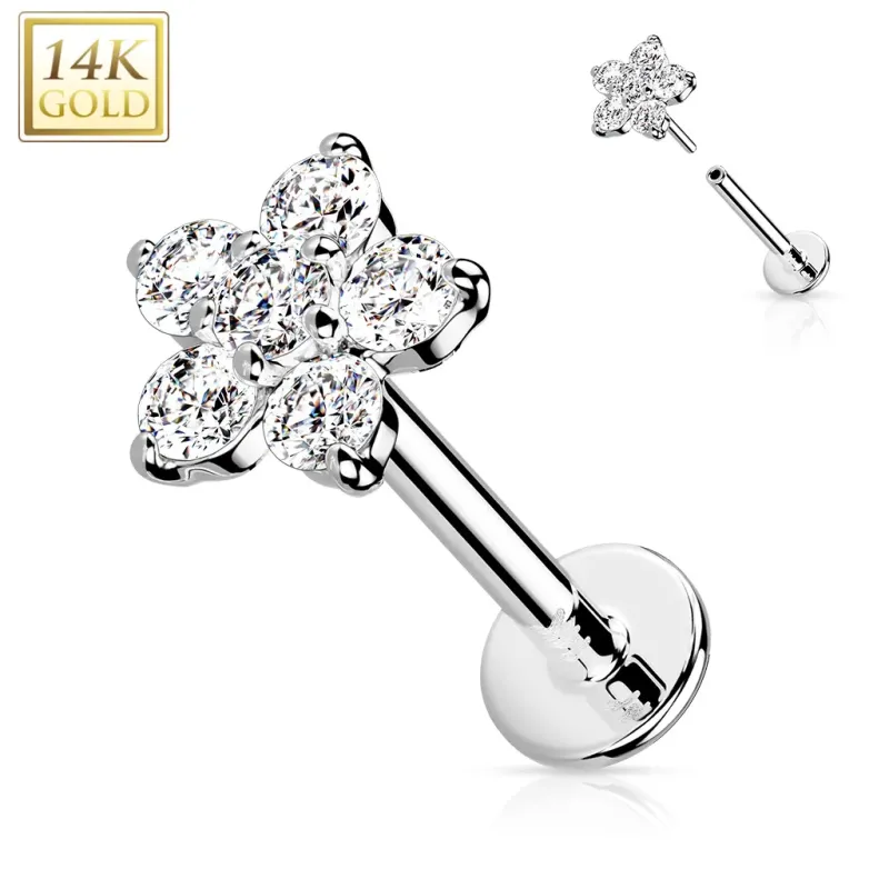 Piercing oreille or blanc 14 carats fleur à 6 zircons
