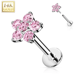 Piercing fleur zircons roses en or blanc 14 carats push-in | Oreille