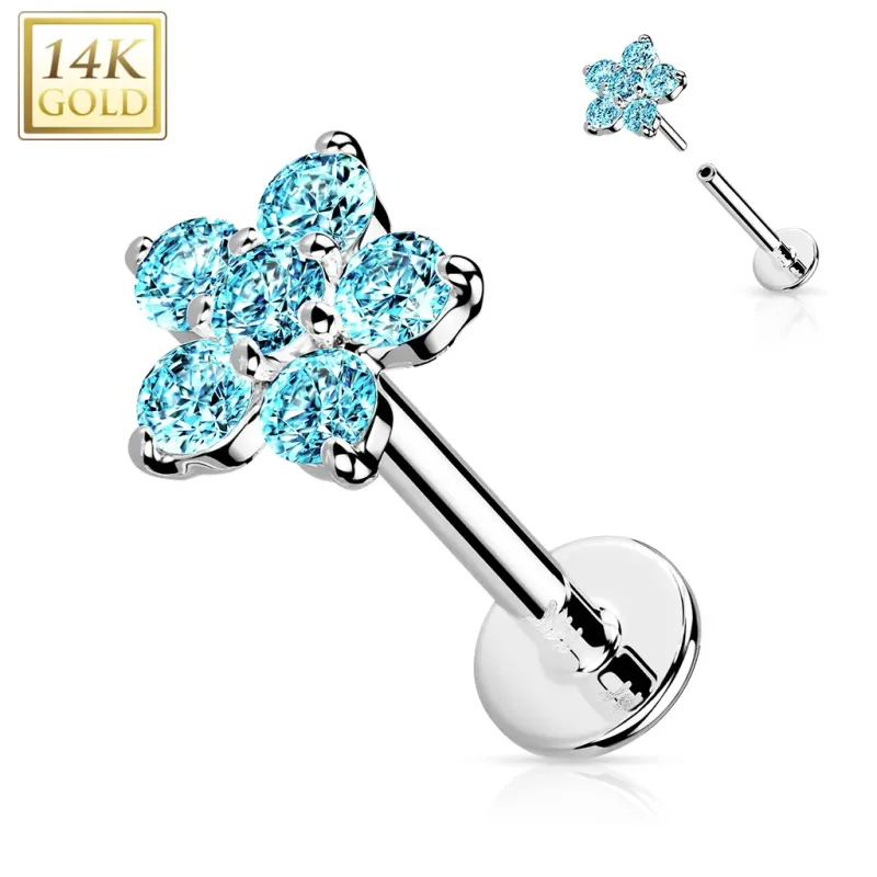 Piercing oreille or blanc 14 carats fleur à 6 zircons turquoises