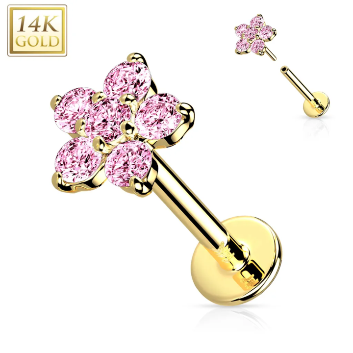 Piercing labret fleur zircons roses en or jaune 14 carats push-in