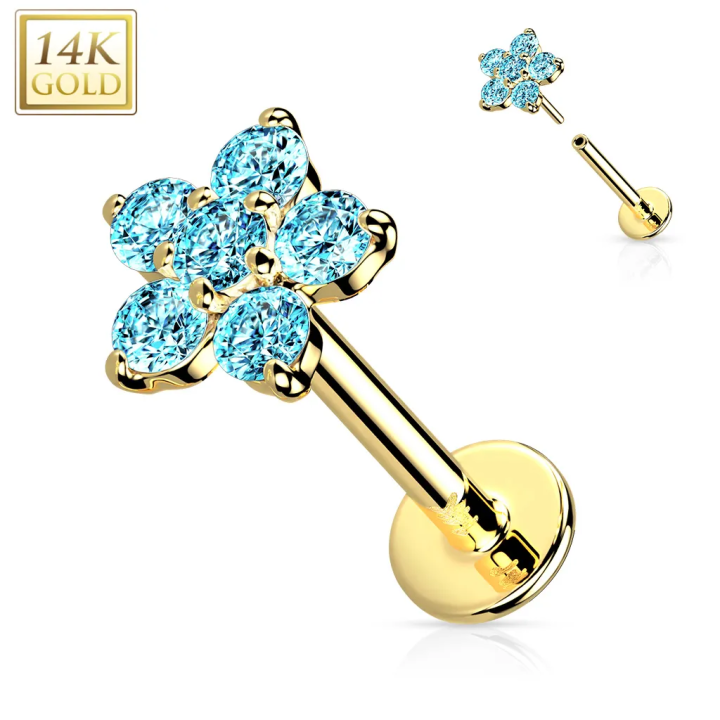 Piercing labret fleur zircons turquoise en or jaune 14 carats push-in