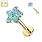 Piercing oreille or jaune  14 carats fleur à 6 zircons turquoises