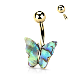 Piercing nombril doré papillon abalone en acier chirurgical