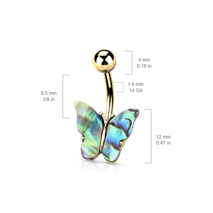 Piercing nombril doré papillon abalone en acier chirurgical
