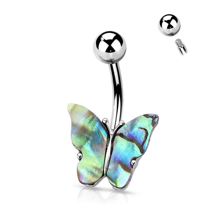 Piercing nombril argenté papillon abalone en acier chirurgical