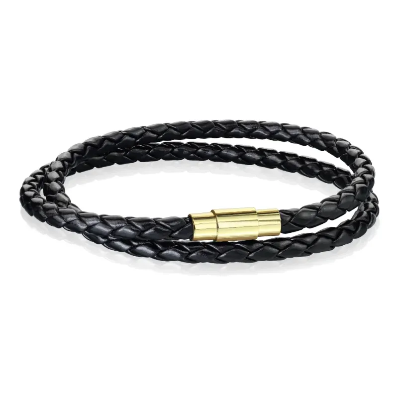 Bracelet cuir tressé noir double fermoir doré