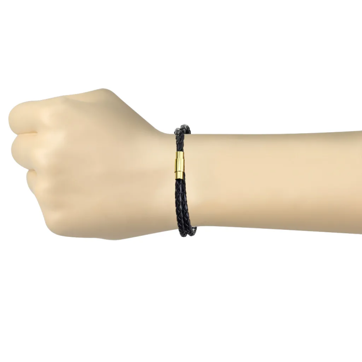 Bracelet cuir PU noir tressé avec fermoir magnétique acier doré