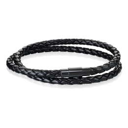 Bracelet cuir PU noir tressé avec fermoir magnétique acier noir