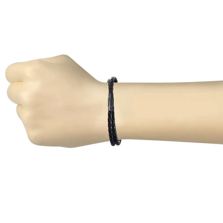 Bracelet cuir PU noir tressé avec fermoir magnétique acier noir