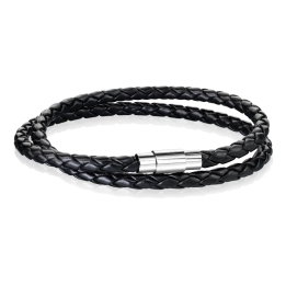 Bracelet cuir PU noir tressé avec fermoir magnétique acier argenté