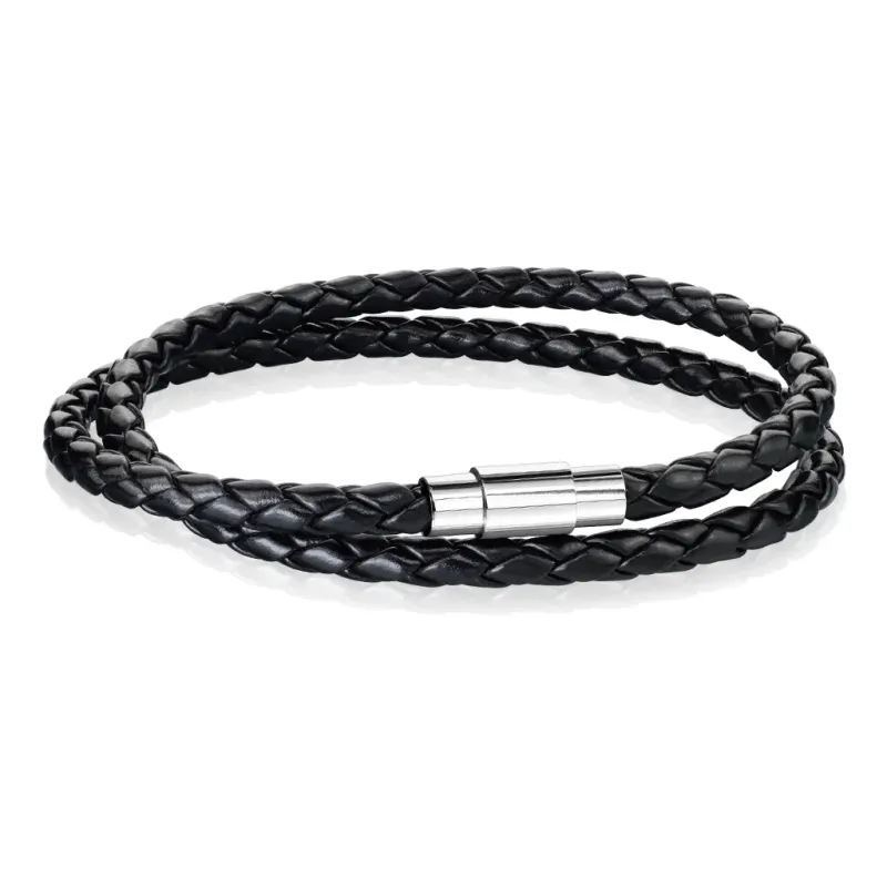 Bracelet cuir tressé noir double fermoir argenté