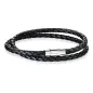 Bracelet cuir tressé noir double fermoir argenté