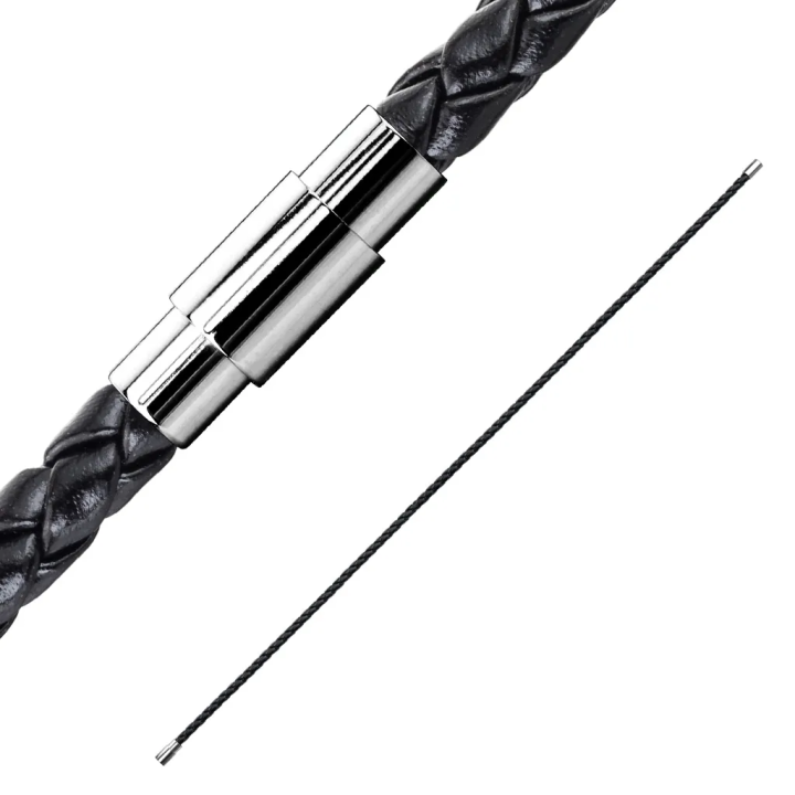 Bracelet cuir PU noir tressé avec fermoir magnétique acier argenté