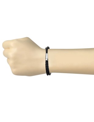 Bracelet cuir PU noir tressé avec fermoir magnétique acier argenté