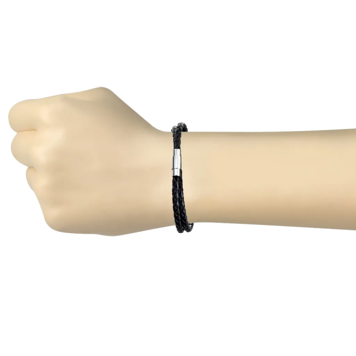 Bracelet cuir PU noir tressé avec fermoir magnétique acier argenté