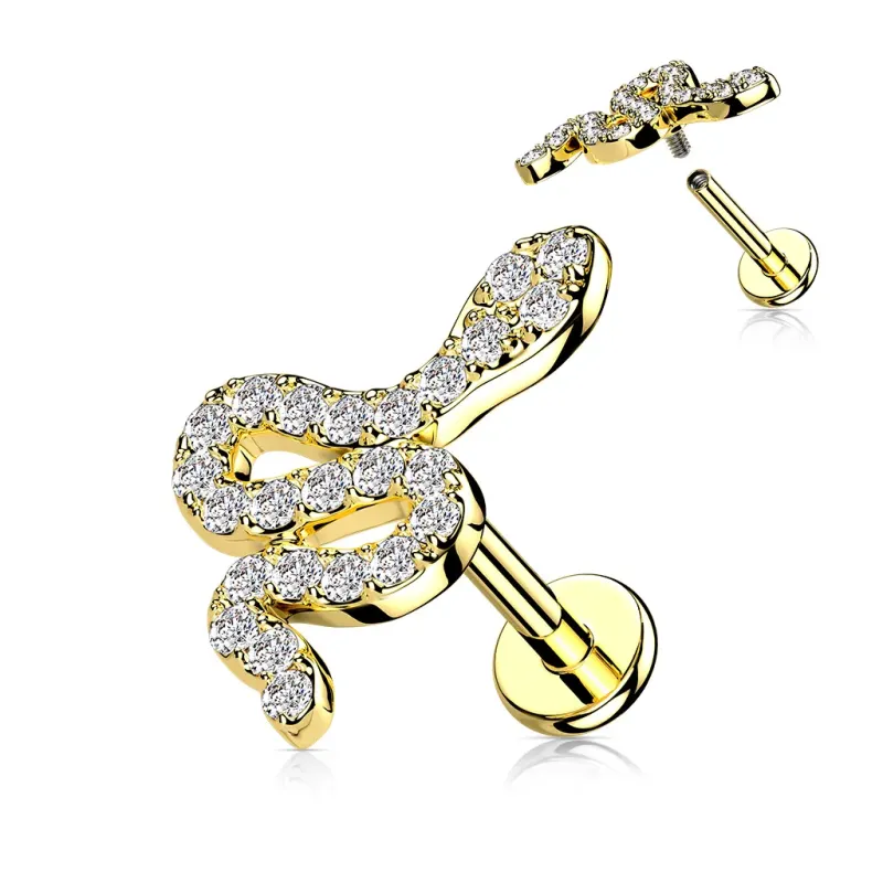 Piercing oreille en acier doré serpent incrusté de strass