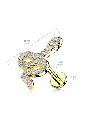 Piercing oreille serpent doré acier strass labret cartilage