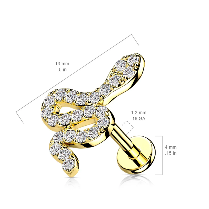 Piercing oreille serpent doré acier strass labret cartilage