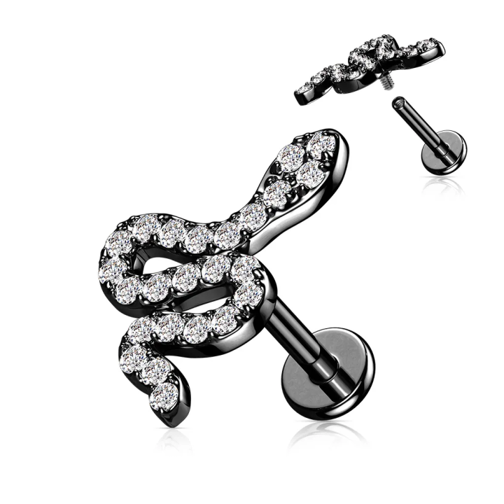 Piercing oreille serpent noir acier strass labret cartilage