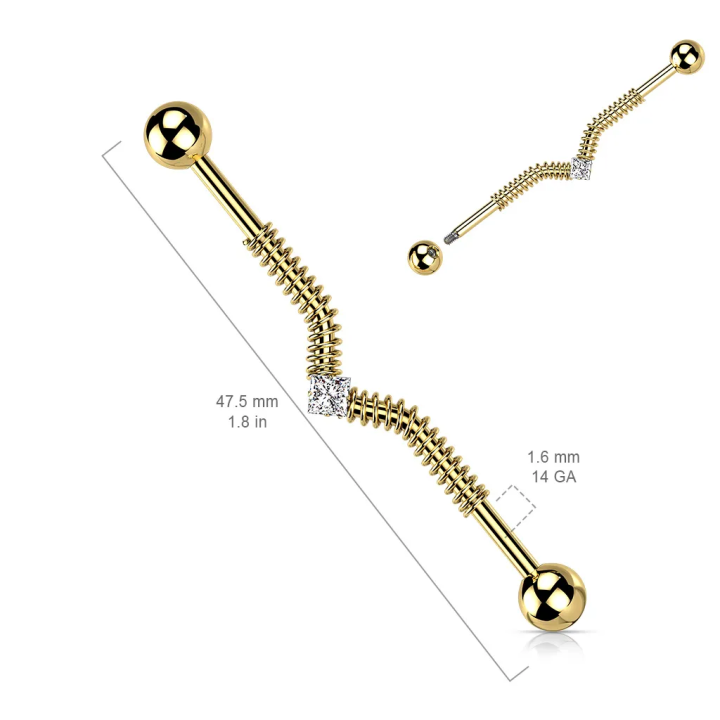 Piercing industriel acier doré spirale strass brillant