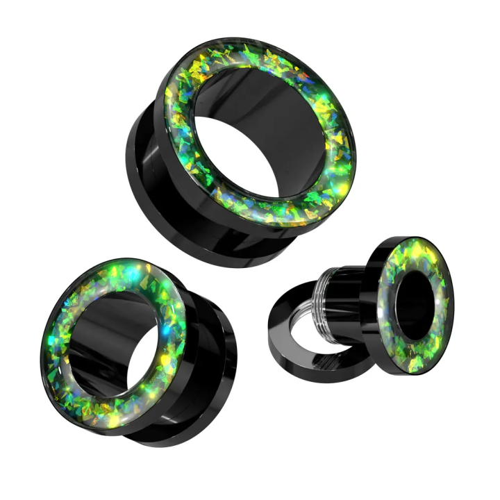 Tunnel d’oreille acier noir opalescent – Piercing stretch
