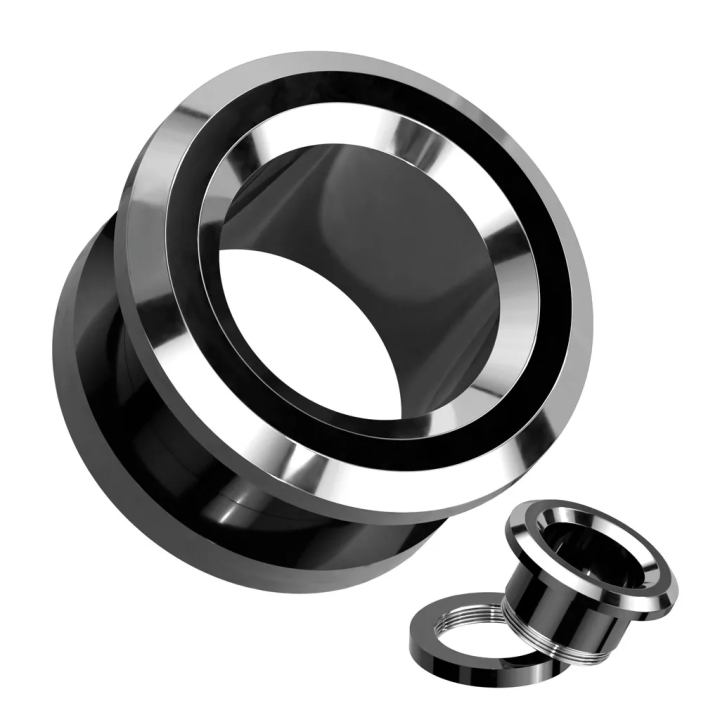 Tunnel d’oreille acier noir et argent – Piercing stretch