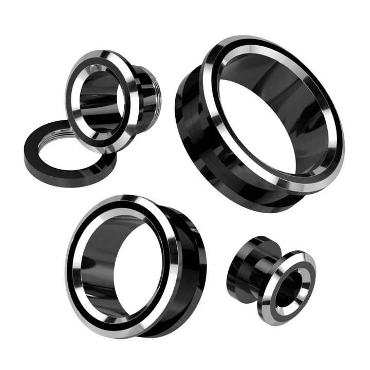 Tunnel d’oreille acier noir et argent – Piercing stretch