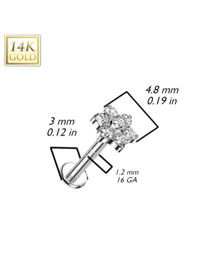 Piercing oreille fleur en or blanc 14 carats | Zircons brillants