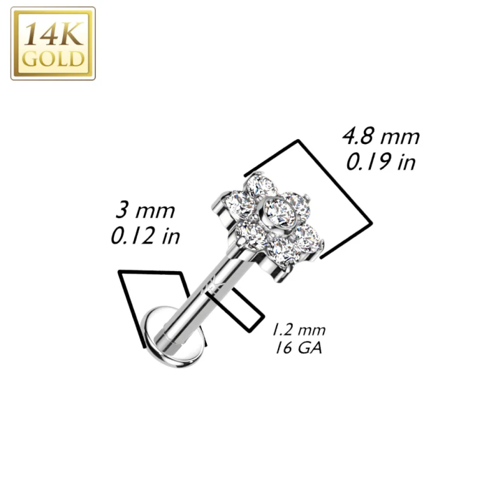 Piercing oreille fleur en or blanc 14 carats | Zircons brillants