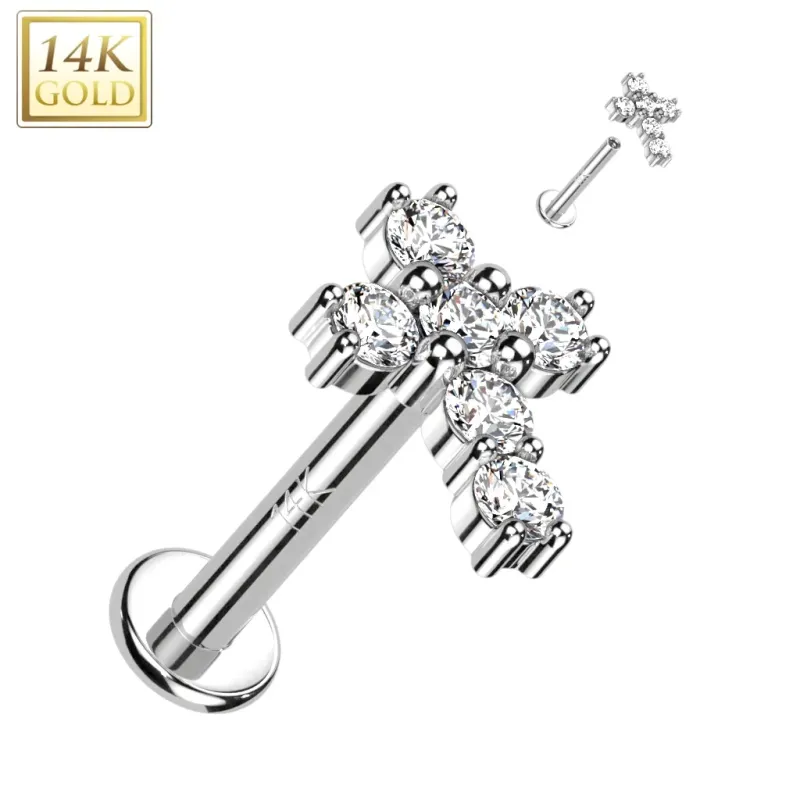 Piercing d'oreille croix en or blanc 14 carats