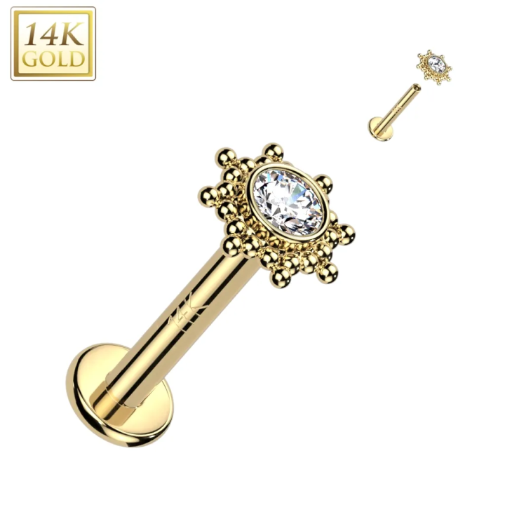 Piercing oreille soleil tribal en or jaune 14 carats vissage interne