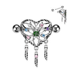 Piercing téton acier attrape-rêves cœur strass multicolores