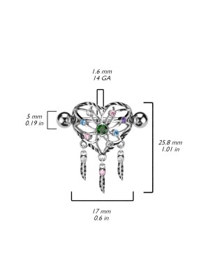 Piercing téton acier attrape-rêves cœur strass multicolores