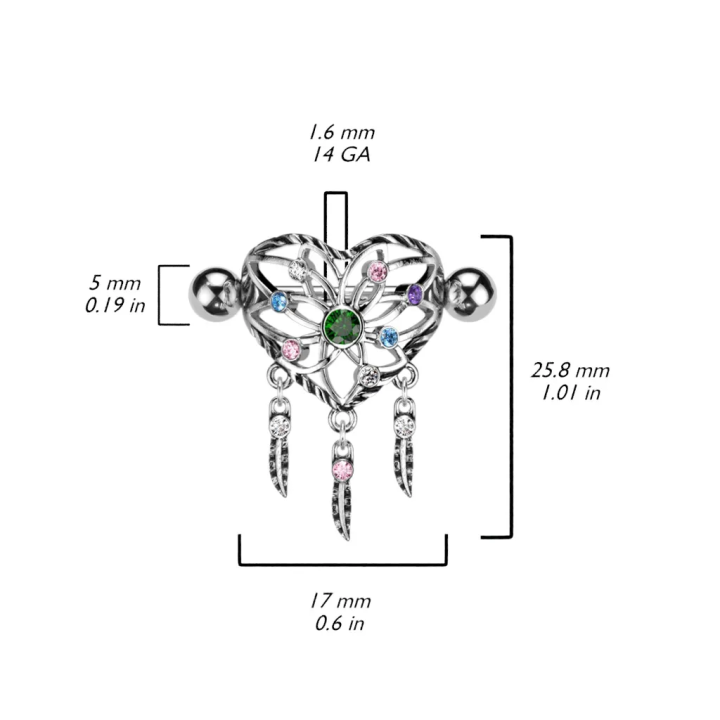 Piercing téton acier attrape-rêves cœur strass multicolores