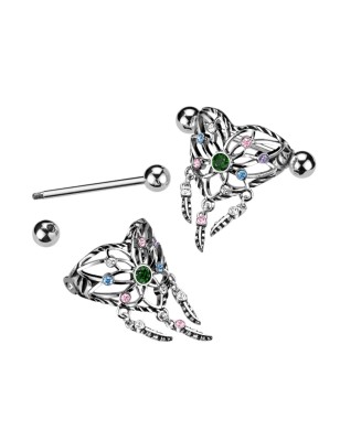 Piercing téton acier attrape-rêves cœur strass multicolores