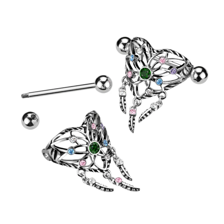 Piercing téton acier attrape-rêves cœur strass multicolores