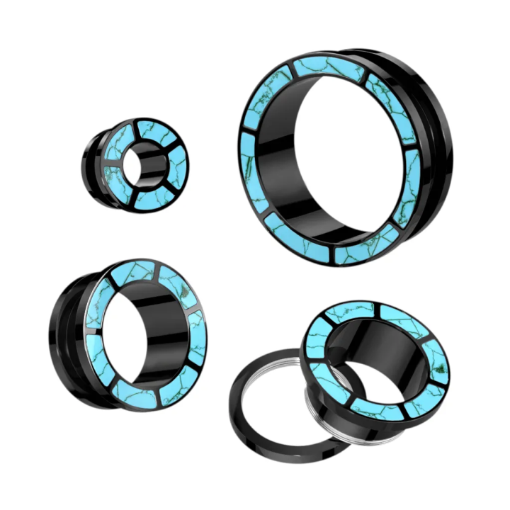 Tunnel d’oreille acier noir turquoise – Piercing élégant