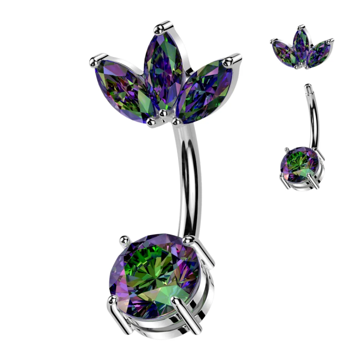 Piercing nombril acier fleur cristal vitrail multicolore élégant