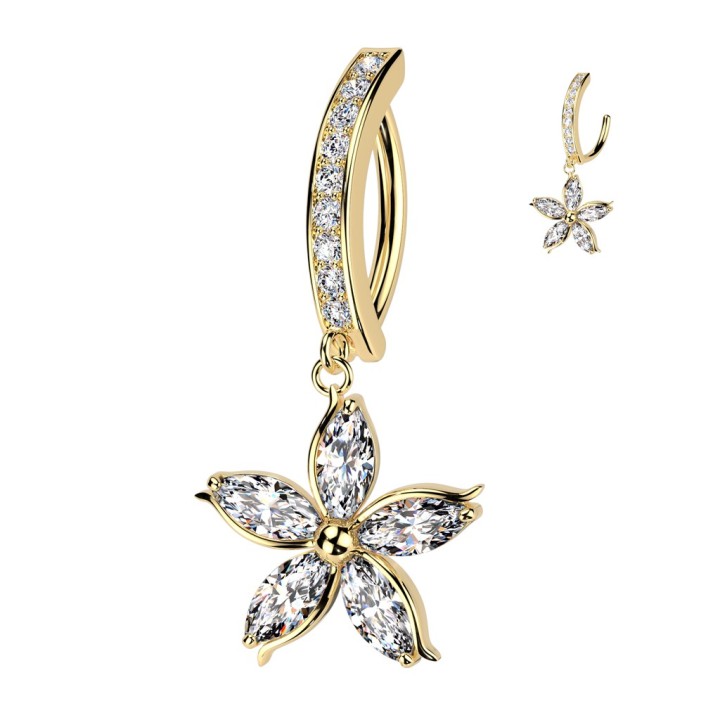 Piercing nombril anneau clicker doré avec pendentif fleur strass