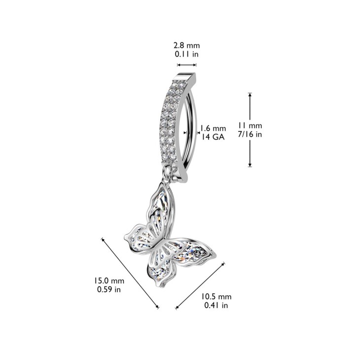 Piercing nombril anneau clicker papillon strass en acier brillant