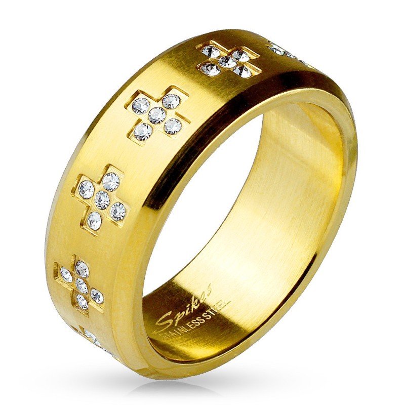 Bague homme acier doré croix strass