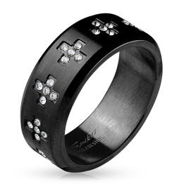 Bague Homme en Acier Noir avec Croix et Strass – Style Moderne