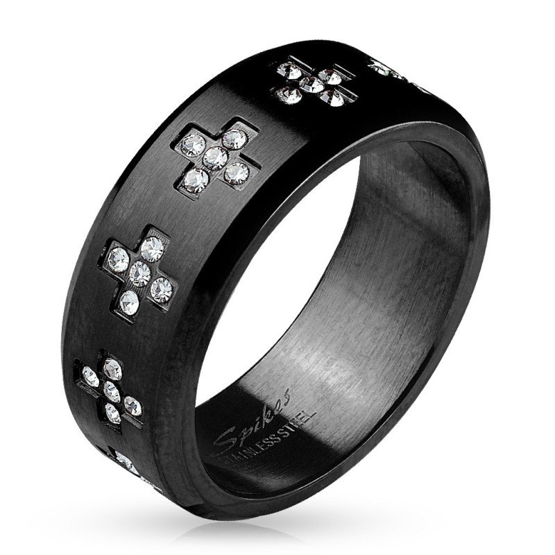 Bague homme acier noir croix strass
