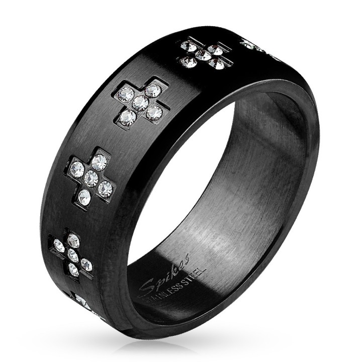 Bague Homme en Acier Noir avec Croix et Strass – Style Moderne