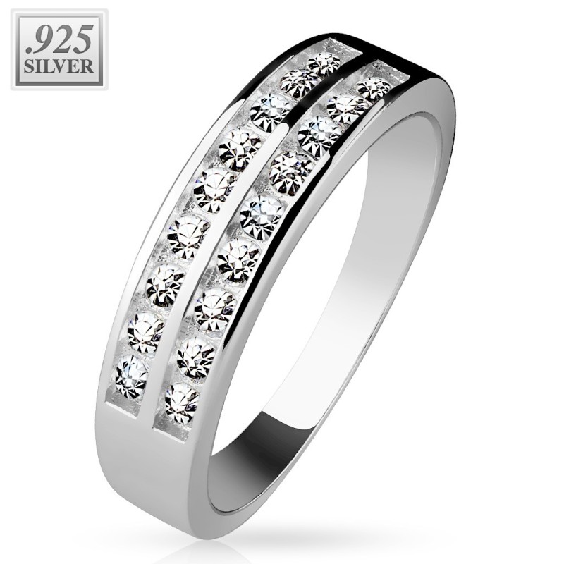 Bague femme en argent double ligne zirconiums