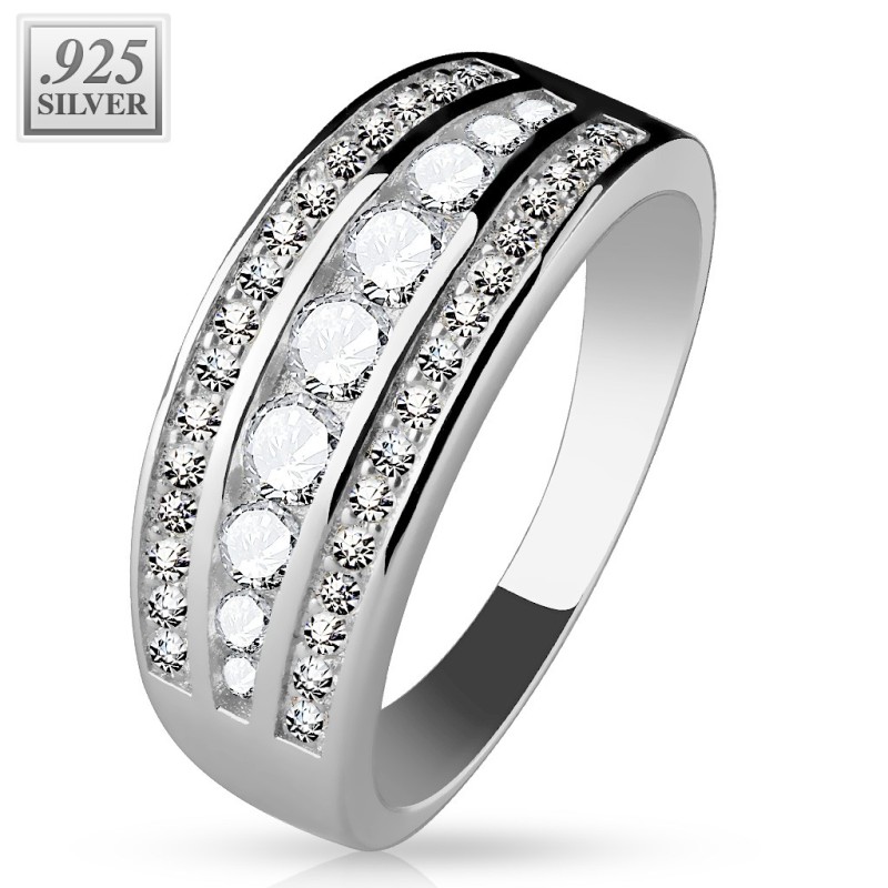 Bague femme en argent trois rangées zirconiums