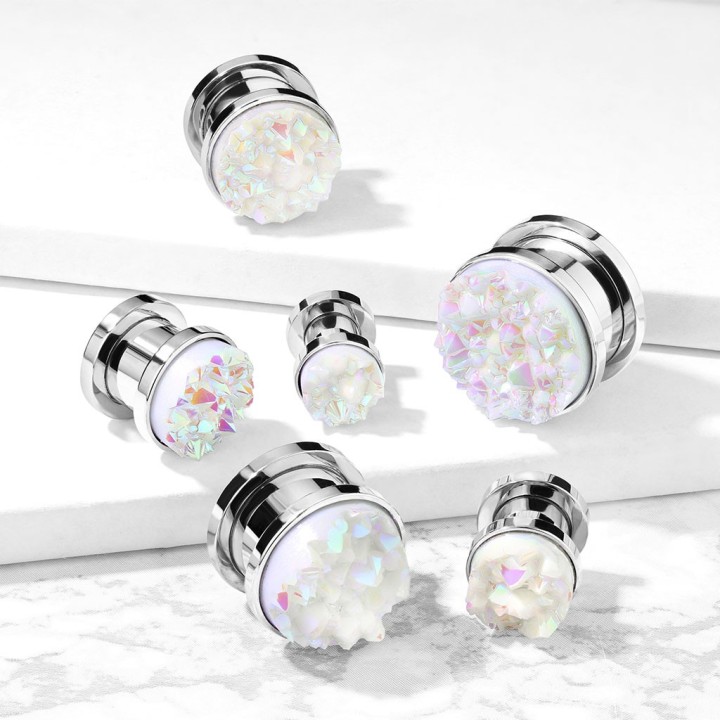 Plug acier argenté druze blanche – Piercing élégant et lumineux