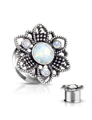 Tunnel acier fleur opalite blanche – Bijou de piercing élégant
