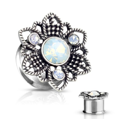 Tunnel acier fleur opalite blanche – Bijou de piercing élégant